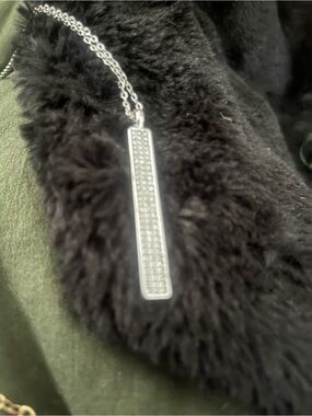Silver Chain Necklace 28" with Pave Rectangle Charm